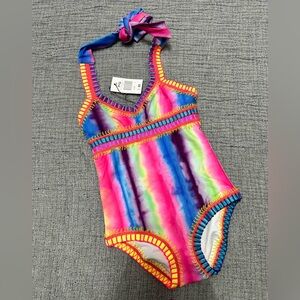 🆕 PQ SWIM GIRLS PLATINUM Kids Tie Dye Rainbow Embroidered High Neck One Piece